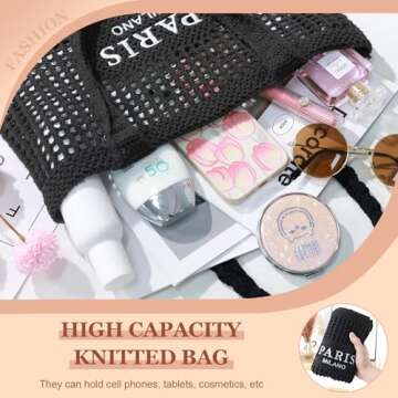 Ayieyill Crochet Tote Bag For Women, Crochet Mesh Beach Tote Bag Summer Vacation Aesthetic Boho Knit Bag for Women (G/Black)