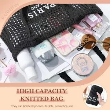 Ayieyill Crochet Tote Bag For Women, Crochet Mesh Beach Tote Bag Summer Vacation Aesthetic Boho Knit Bag for Women (G/Black)