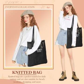 Ayieyill Crochet Tote Bag For Women, Crochet Mesh Beach Tote Bag Summer Vacation Aesthetic Boho Knit Bag for Women (G/Black)