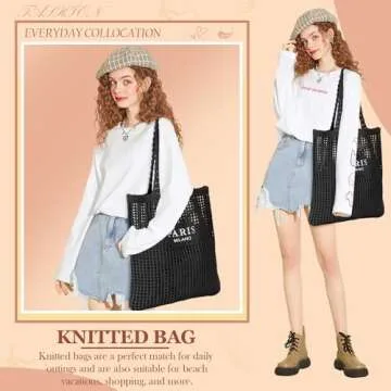 Ayieyill Crochet Tote Bag For Women, Crochet Mesh Beach Tote Bag Summer Vacation Aesthetic Boho Knit Bag for Women (G/Black)