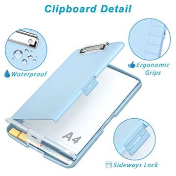 Rimilak Plastic Clipboard with Storage, 8.5 x 11 High Capacity Folio Nursing Case with Pen Holder, Folder Side-Opening for Classroom, Teacher, Student, Smooth Writing, Light Blue