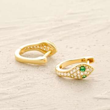 MYEARS Women Gold Huggie Hoop Snake Earrings Ear Stud Cuff Cubic Zirconia 14K Gold Plated Small Simple Minimalist Hypoallergenic Everyday Jewelry