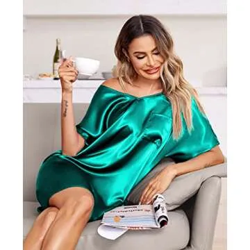 eshion Woman Satin Silk Smooth Sleepshirts Knee Length Nightgowns Side Slipt Sleepshirt Commuting Dress(Dark Green,XL)