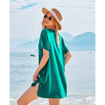 eshion Woman Satin Silk Smooth Sleepshirts Knee Length Nightgowns Side Slipt Sleepshirt Commuting Dress(Dark Green,XL)