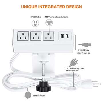 3 Outlet Desk Clamp Power Strip with USB Ports, White Desktop Power Strip Surge Protector 1200J. Desk Mount Charging Power Station, on Desk Edge Power Outlet 125V 12A 1500W.