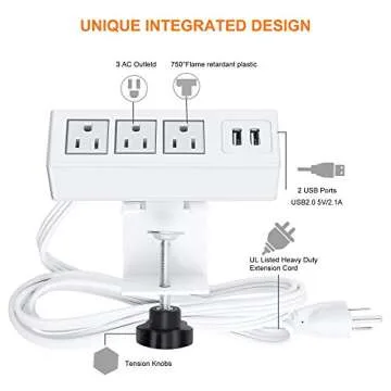 3 Outlet Desk Clamp Power Strip with USB Ports, White Desktop Power Strip Surge Protector 1200J. Desk Mount Charging Power Station, on Desk Edge Power Outlet 125V 12A 1500W.