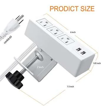 3 Outlet Desk Clamp Power Strip with USB Ports, White Desktop Power Strip Surge Protector 1200J. Desk Mount Charging Power Station, on Desk Edge Power Outlet 125V 12A 1500W.