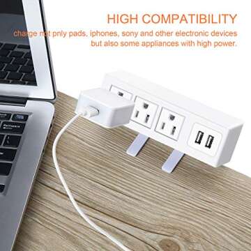 3 Outlet Desk Clamp Power Strip with USB Ports, White Desktop Power Strip Surge Protector 1200J. Desk Mount Charging Power Station, on Desk Edge Power Outlet 125V 12A 1500W.