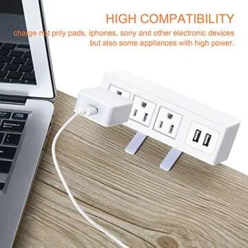 3 Outlet Desk Clamp Power Strip with USB Ports, White Desktop Power Strip Surge Protector 1200J. Desk Mount Charging Power Station, on Desk Edge Power Outlet 125V 12A 1500W.