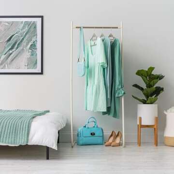IRIS USA Stylish Classic Clothes Rack for Hanging Clothes, Easy to Assemble, Freestanding Metal Sturdy Garment Rack, Small Space Storage Solution, Modern Versatile Design, Boutique Style, White