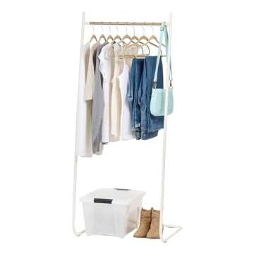 IRIS USA Stylish Classic Clothes Rack for Hanging Clothes, Easy to Assemble, Freestanding Metal Sturdy Garment Rack, Small Space Storage Solution, Modern Versatile Design, Boutique Style, White
