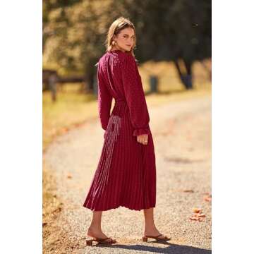 PRETTYGARDEN Midi Dress - Stylish V Neck Swiss Dot Dress