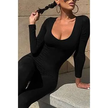 Mulisky Women's Sexy Long Sleeve Bodycon Jumpsuit Rompers One Piece Outfits Black XL