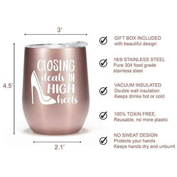 Realtor Gifts for Women - 12oz Tumbler Cup Wine Glass - Real Estate Agent Thank You Gift on Closing Rose Gold Travel Coffee Mug