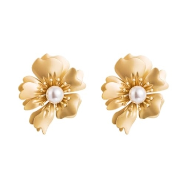 Elarith Flower Pearl Earrings for Women, Exaggerated Fashion Gold Earrings Jewelry