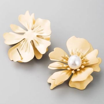 Elarith Flower Pearl Earrings for Women, Exaggerated Fashion Gold Earrings Jewelry