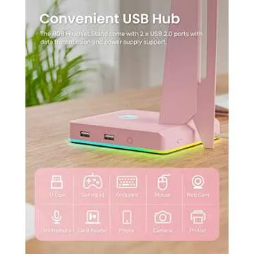 IFYOO RGB Gaming Headset Stand with 2 USB Ports, Game Headphone Mount for PC, Xbox One, PS4, Switch, Earphone Holder Hanger, Great for Gaming Stations, Fancy Desk Gamer Accessories, Pink