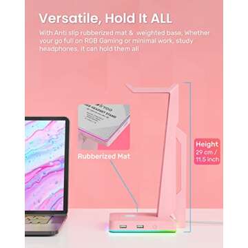 IFYOO RGB Gaming Headset Stand with 2 USB Ports, Game Headphone Mount for PC, Xbox One, PS4, Switch, Earphone Holder Hanger, Great for Gaming Stations, Fancy Desk Gamer Accessories, Pink