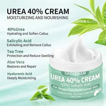 Grocerism Urea Cream 40 Percent For Feet Plus 2% Salicylic Acid 5.29 oz || Foot Cream and Hand Cream Maximum Strength with Hyaluronic Acid,Tea Tree,and Aloe Vera For Deep Moisturizes,Callus Remover