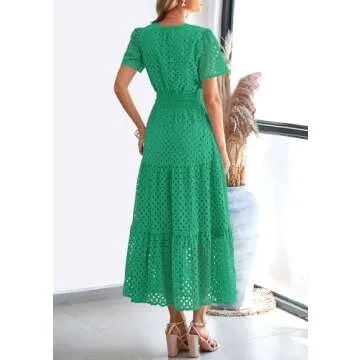PRETTYGARDEN Womens 2025 Summer Maxi Dress Short Sleeve V Neck Hollow Out Eyelet A Line Long Flowy B...
