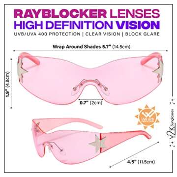 Y2K Sunglasses | 2000s Rimless Star Glasses for Women and Men - Shield Shades Wrap Around Oversized (2000s Y2K Trendy Outfit) (Pink+Pink Shade)