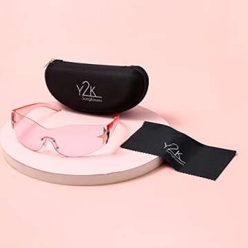 Y2K Sunglasses | 2000s Rimless Star Glasses for Women and Men - Shield Shades Wrap Around Oversized (2000s Y2K Trendy Outfit) (Pink+Pink Shade)