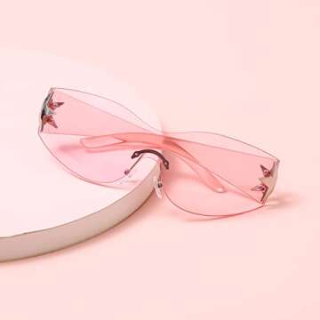 Y2K Sunglasses | 2000s Rimless Star Glasses for Women and Men - Shield Shades Wrap Around Oversized (2000s Y2K Trendy Outfit) (Pink+Pink Shade)