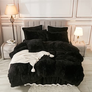 Luxury Annadaif Plush Black Duvet Cover Queen - Ultra Soft Faux Fur Velvet Bedding Set