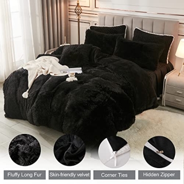 Annadaif Plush Black Duvet Cover Queen Soft Faux Fur Velvet