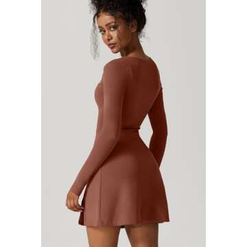 QINSEN Woman's Casual Long Sleeve Dress Short Length Square Neck Bodycon Mini Dresses L