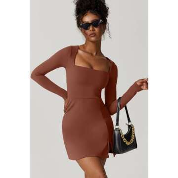 QINSEN Woman's Casual Long Sleeve Dress Short Length Square Neck Bodycon Mini Dresses L