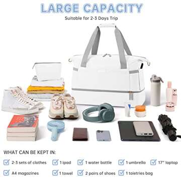 ETRONIK Gym Bag for Women, Travel Duffel Bag with USB Charging Port, Weekender Overnight Bag with Wet Pocket and Shoes Compartment for Women, Travel, Gym, Yoga (White)