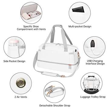 ETRONIK Gym Bag for Women, Travel Duffel Bag with USB Charging Port, Weekender Overnight Bag with Wet Pocket and Shoes Compartment for Women, Travel, Gym, Yoga (White)