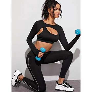 SweatyRocks Women's Stretch Cutout Yoga Sports Tee Long Sleeve Crop Top T Shirts Black Medium