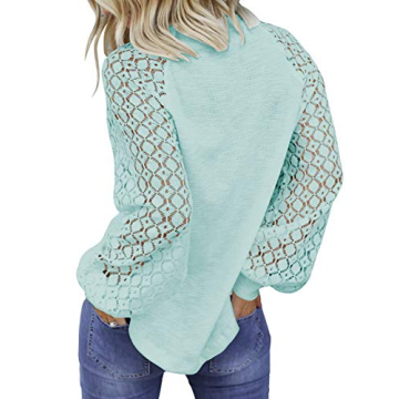 MIHOLL Women's Long Sleeve Tops Lace Casual Loose Blouses T Shirts (Lake Blue, Large)