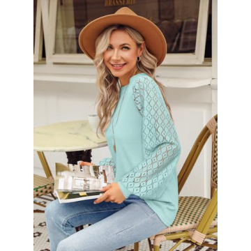 MIHOLL Women's Long Sleeve Tops Lace Casual Loose Blouses T Shirts (Lake Blue, Large)