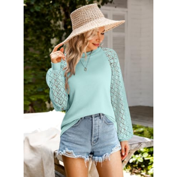 MIHOLL Women's Long Sleeve Tops Lace Casual Loose Blouses T Shirts (Lake Blue, Large)