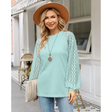 MIHOLL Women's Long Sleeve Tops Lace Casual Loose Blouses T Shirts (Lake Blue, Large)