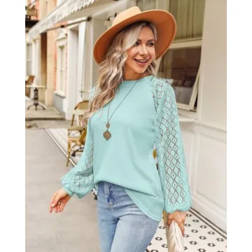 MIHOLL Women's Long Sleeve Tops Lace Casual Loose Blouses T Shirts (Lake Blue, Large)