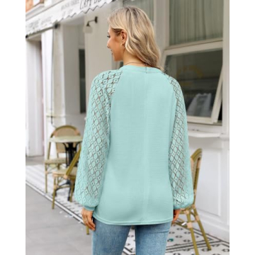 MIHOLL Women's Long Sleeve Tops Lace Casual Loose Blouses T Shirts (Lake Blue, Large)