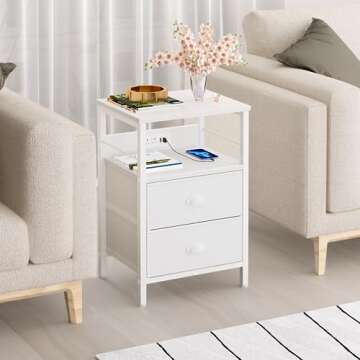 Furologee End Table with Charging Station, Nightstand with Fabric Drawers, Side Tables with USB Port...