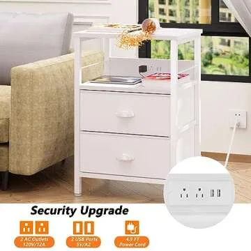 Furologee End Table with Charging Station, Nightstand with Fabric Drawers, Side Tables with USB Ports & Outlets, Night Stand with Storage Shelf & Hooks, for Living Room/Bedroom, White