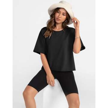 UEU Women's Trendy Basic Workout Gym Running Short Sleeve Crop Tops Casual Loose Oversized T-Shirts Black