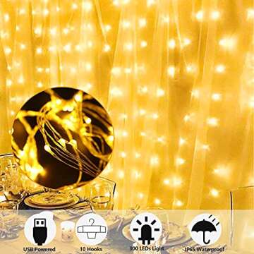 300 LED Window Curtain String Lights - 8 Modes, USB Powered for Home Decor