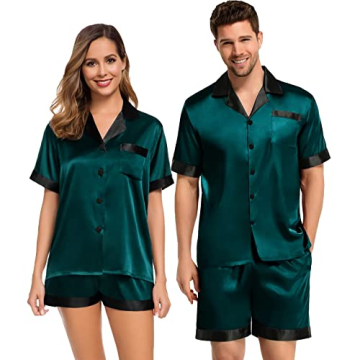 SWOMOG Couples Pajama Set Women & Men Silk Satin Short Sleeve Set Top and Shorts Sleepwear Soft Butt...