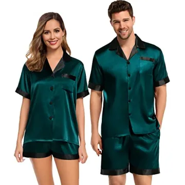 SWOMOG Couples Pajama Set - Silky Satin Short Sleeve Sleepwear for Couples
