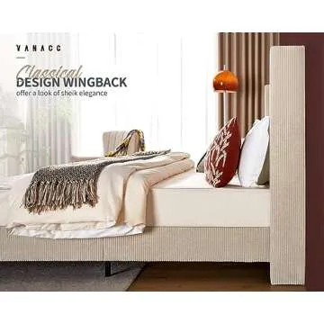 VanAcc King Size Platform Bed Frame, 50.8" Corduroy Upholstered Bed with Vertical Channel Tufted Headboard/Wooden Slats/Wingback/No Box Spring Required/Beige
