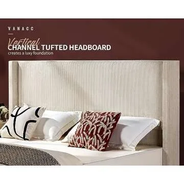 VanAcc King Size Platform Bed Frame, 50.8" Corduroy Upholstered Bed with Vertical Channel Tufted Headboard/Wooden Slats/Wingback/No Box Spring Required/Beige