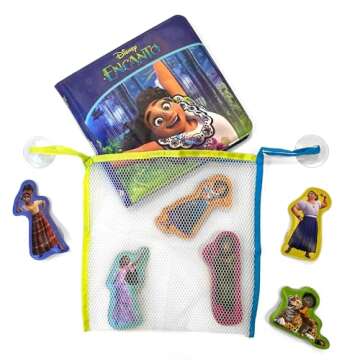 Disney Encanto Bath Time Books - Activity Books for kids, Bath book, 6 Padded suction cups, 1 Mesh bag