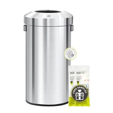EKO Urban 24 Gallon Round Stainless Steel Open Top Waste Bin, Versatile 90L Garbage Can for Indoor/O...